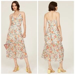 Saloni Ayla-B Floral 100% Silk Dress Floral Midi Ruffle Size 4 NWOT